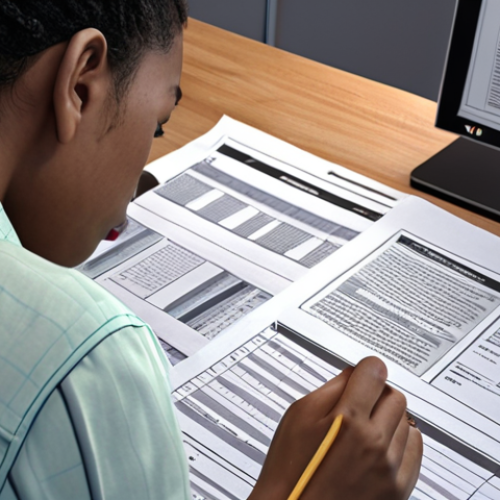 Home 4 ** A student assessing their weaknesses by reviewing past exam papers for Media Technology. The scene should depict concentration and analysis.
**