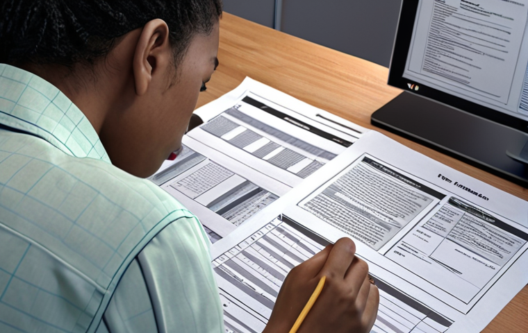 ** A student assessing their weaknesses by reviewing past exam papers for Media Technology. The scene should depict concentration and analysis.
**