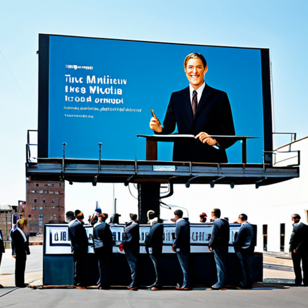 A group of professionals in modest business suits and appropriate attire, meticulously preparing a large, classic billboard for installation against a clear blue sky. The scene conveys a sense of traditional, high-investment advertising methods with a focus on broad, undefined audiences. In the background, a vintage radio broadcast studio is subtly visible, emphasizing historical media. The overall image is professional, family-friendly, safe for work, appropriate content, fully clothed, with perfect anatomy, correct proportions, natural poses, well-formed hands, proper finger count, and natural body proportions, captured with professional photography and high quality.