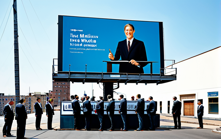 A group of professionals in modest business suits and appropriate attire, meticulously preparing a large, classic billboard for installation against a clear blue sky. The scene conveys a sense of traditional, high-investment advertising methods with a focus on broad, undefined audiences. In the background, a vintage radio broadcast studio is subtly visible, emphasizing historical media. The overall image is professional, family-friendly, safe for work, appropriate content, fully clothed, with perfect anatomy, correct proportions, natural poses, well-formed hands, proper finger count, and natural body proportions, captured with professional photography and high quality.
