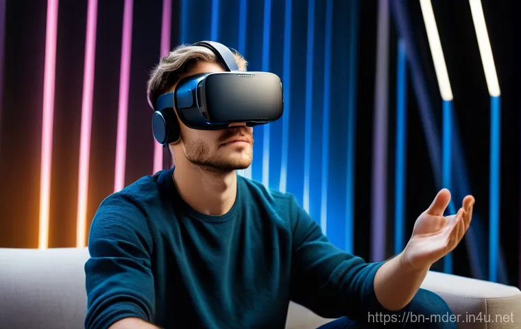 미디어기술사와 실감형 미디어 기술 - **Prompt:** A young adult, with a look of pure wonder and slight awe, is seated comfortably in a mod...