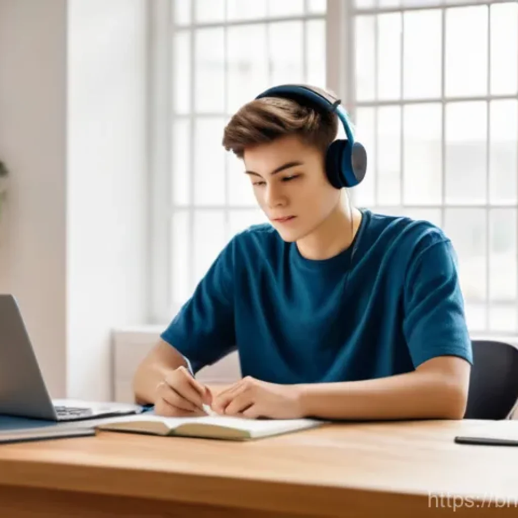 미디어기술사 실기 준비 동영상 - **Prompt:** A modern and brightly lit study room. A male student, aged 16, with short, neat hair, is...