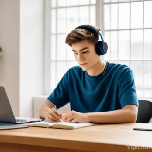 Home 16 미디어기술사 실기 준비 동영상 - **Prompt:** A modern and brightly lit study room. A male student, aged 16, with short, neat hair, is...