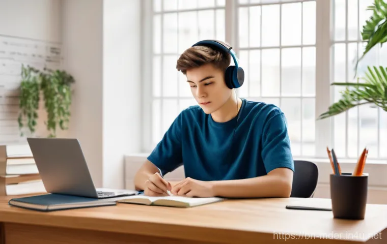 미디어기술사 실기 준비 동영상 - **Prompt:** A modern and brightly lit study room. A male student, aged 16, with short, neat hair, is...